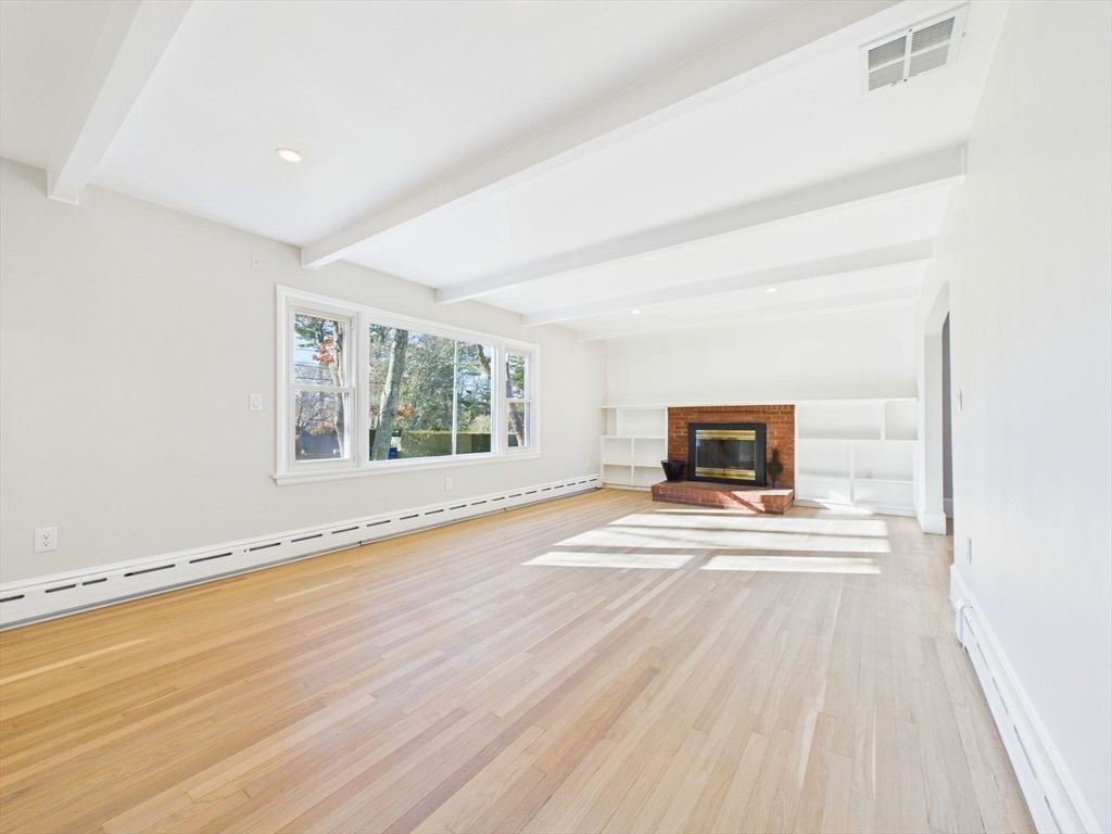 Empty room, Fireplace, Interior, Recessed Lighting, Wood Texture Flooring