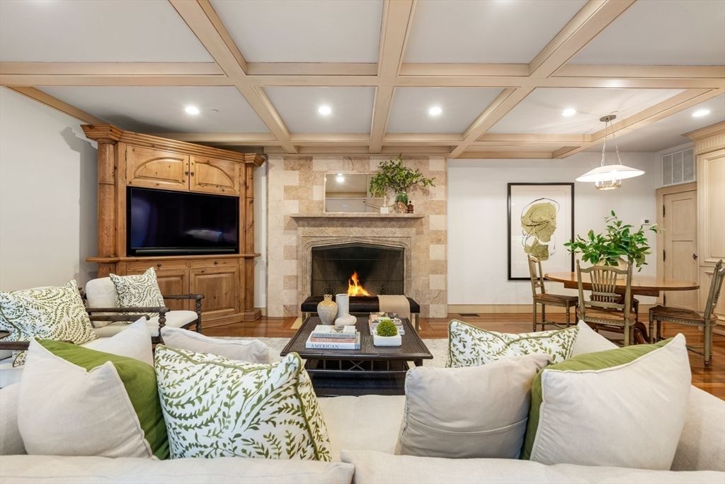 Dining room, Fireplace, Interior, Living room, Pendant Lights, Recessed Lighting, Stone Walls, Wood Texture Flooring