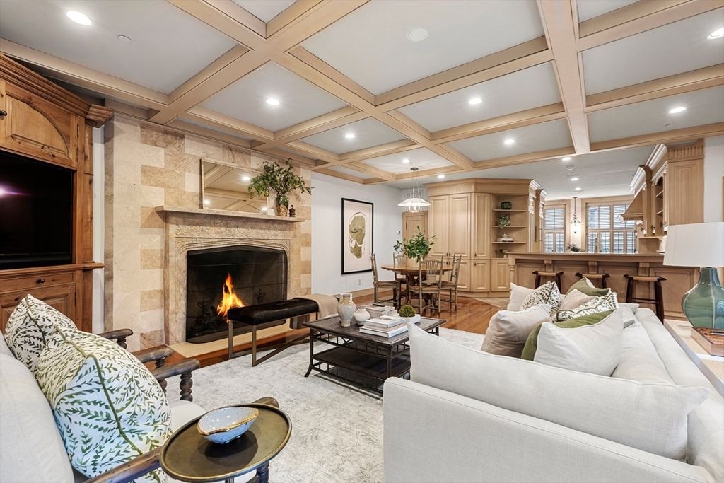 Dining room, Fireplace, Interior, Living room, Pendant Lights, Recessed Lighting, Stone Walls