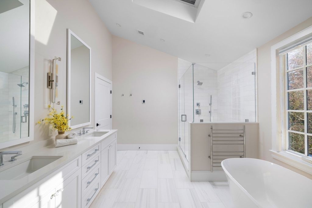 Bathroom, Dual Sink Vanities, Free Standing Baths, Glass Shower, Interior, Marble, Recessed Lighting