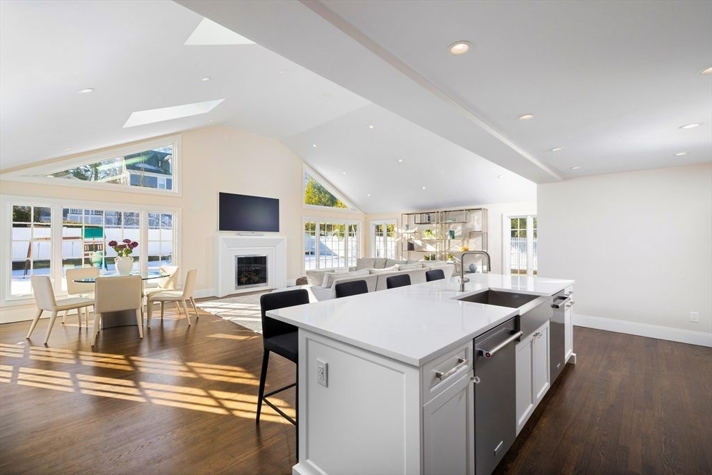 Dining room, Fireplace, Interior, Kitchen, Recessed Lighting, Wood Texture Flooring