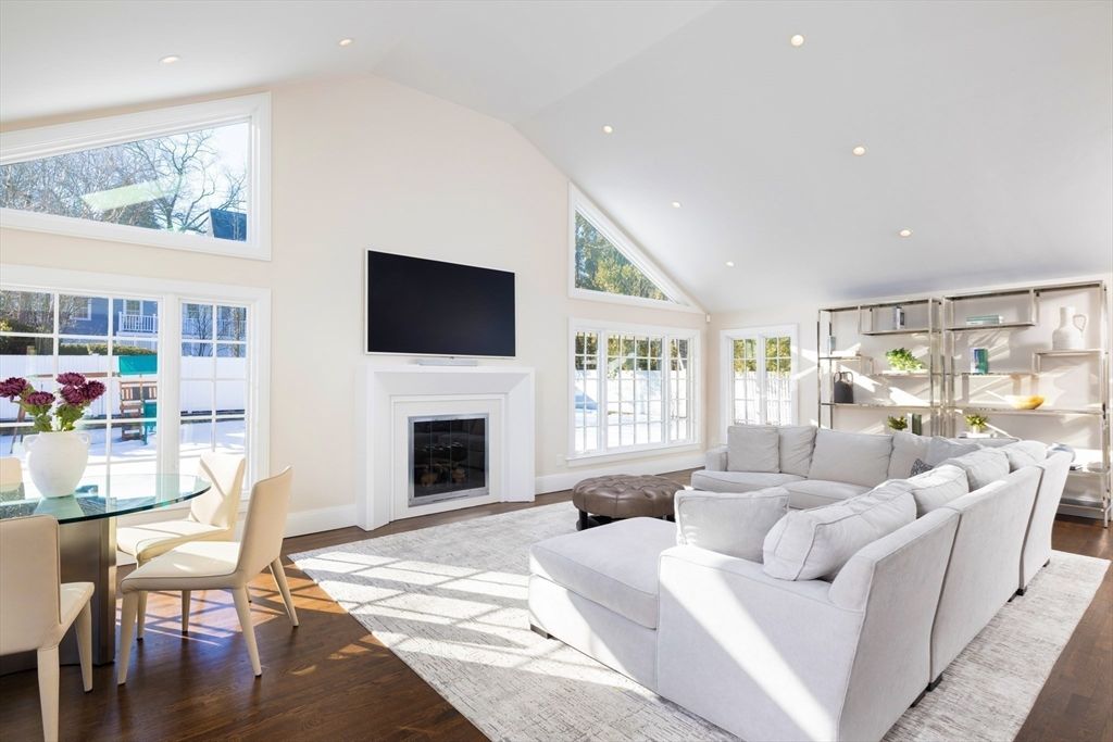 Dining room, Fireplace, Interior, Living room, Recessed Lighting, Wood Texture Flooring