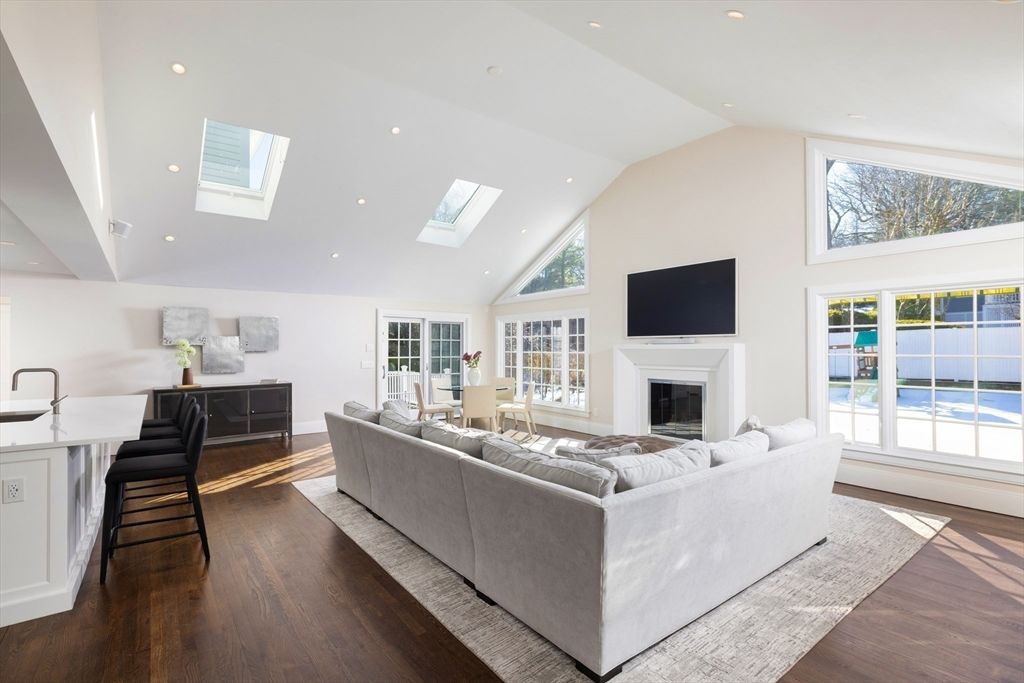 Fireplace, Interior, Living room, Recessed Lighting, Water, Wood Texture Flooring