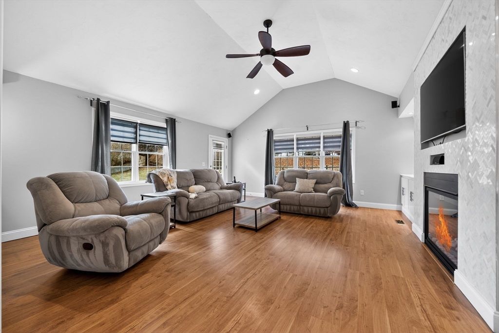 Fireplace, Interior, Living room, Recessed Lighting, Wood Texture Flooring