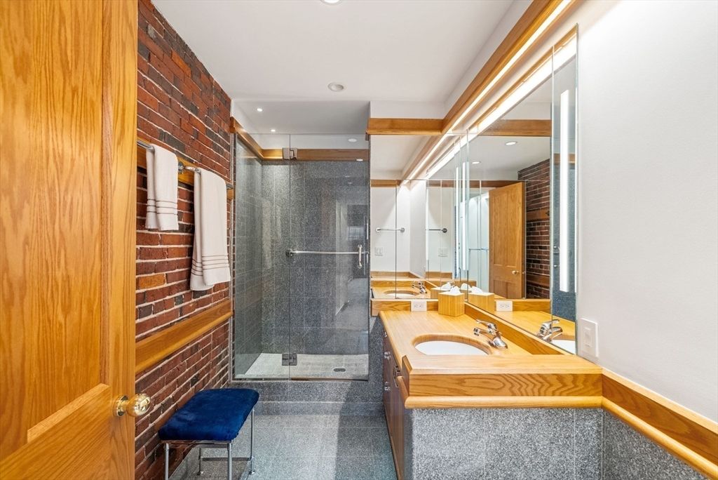 Bathroom, Glass Shower, Interior, Recessed Lighting, Stone Walls