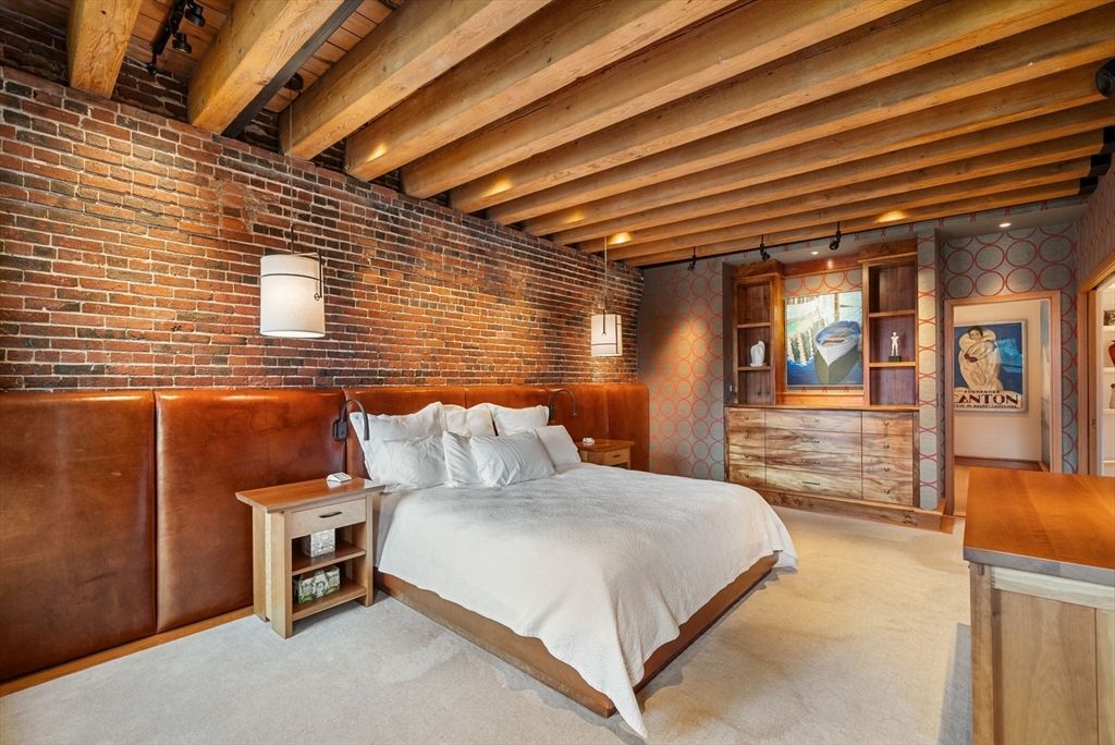 Bedroom, Interior, Recessed Lighting, Stone Walls, Wooden Beams