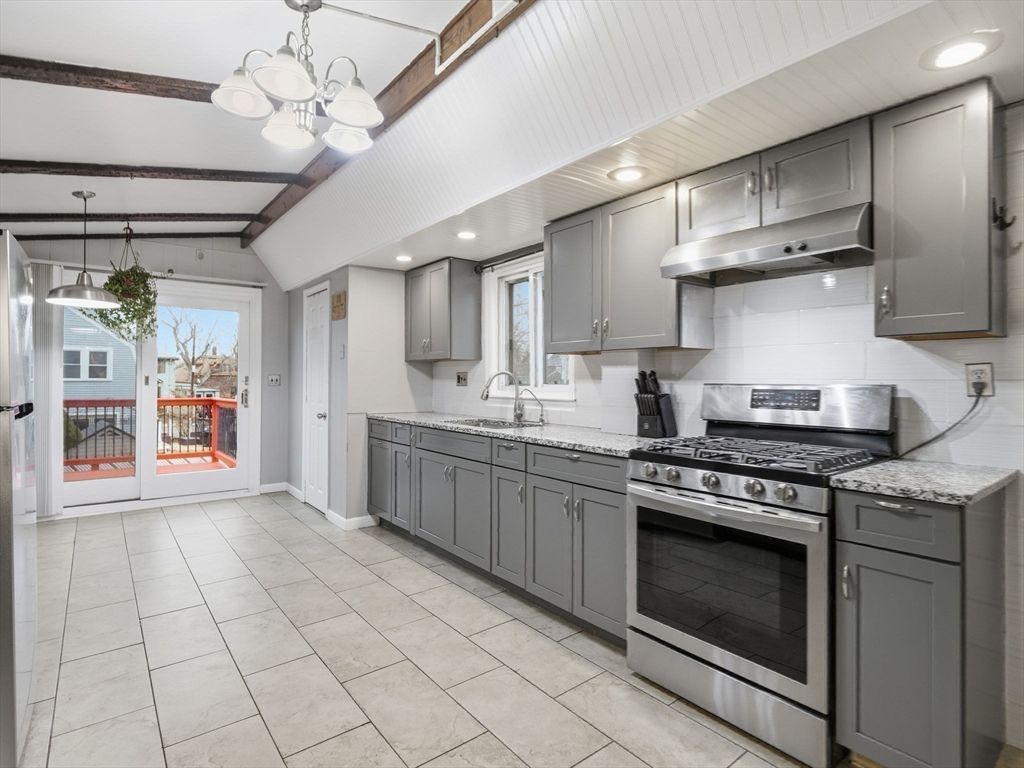 Interior, Kitchen, Pendant Lights, Recessed Lighting, Stainless Steel Appliances, Wooden Beams