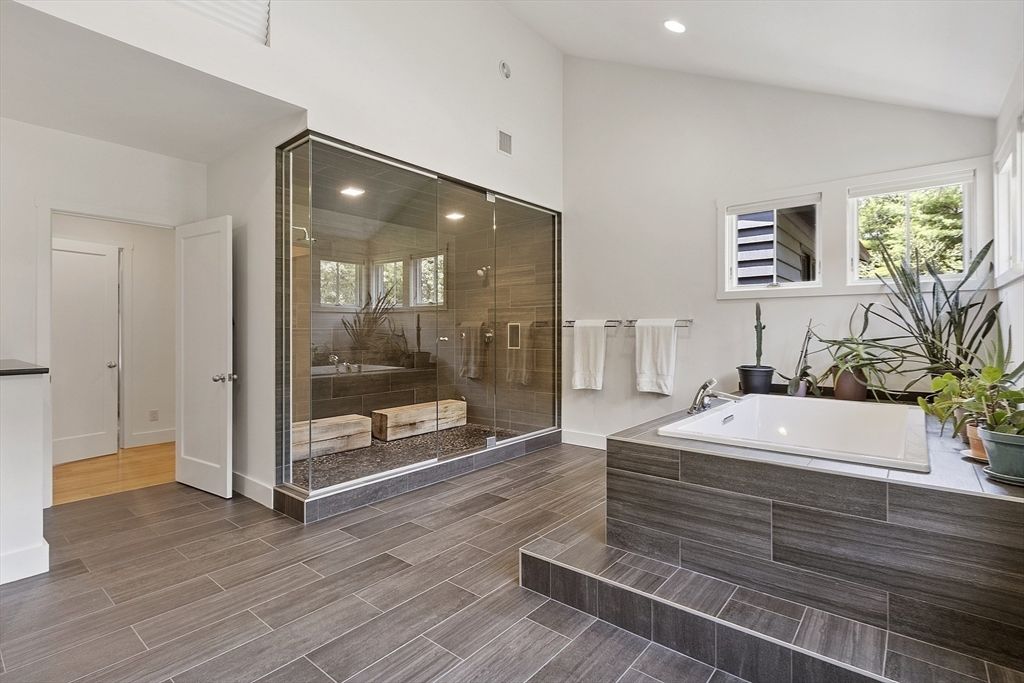 Bathroom, Glass Shower, Interior, Recessed Lighting, Wood Texture Flooring