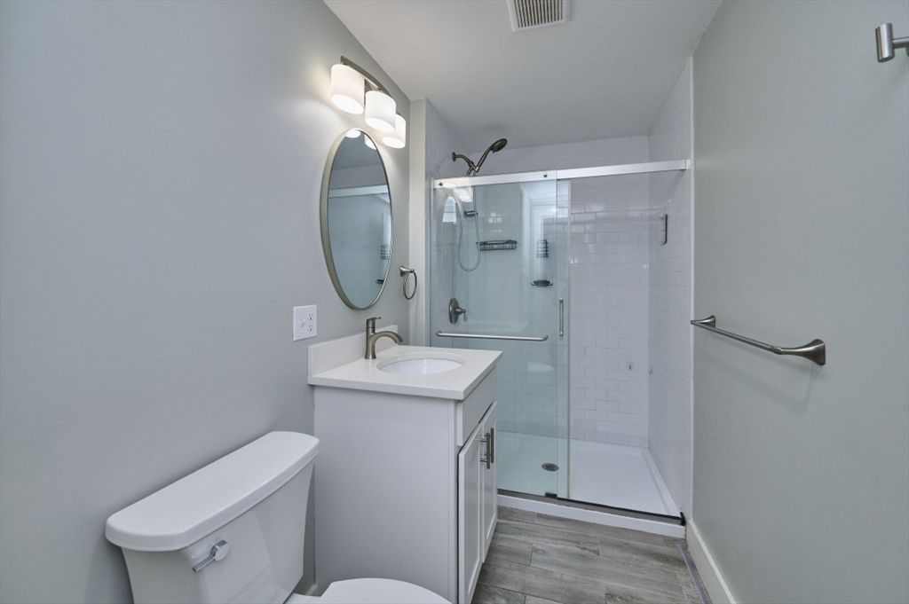 Bathroom, Glass Shower, Interior, Wood Texture Flooring