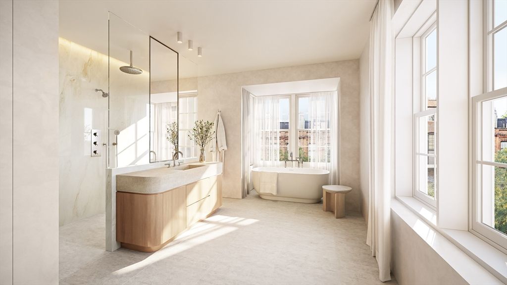 Bathroom, Free Standing Baths, Glass Shower, Interior, Marble Walls