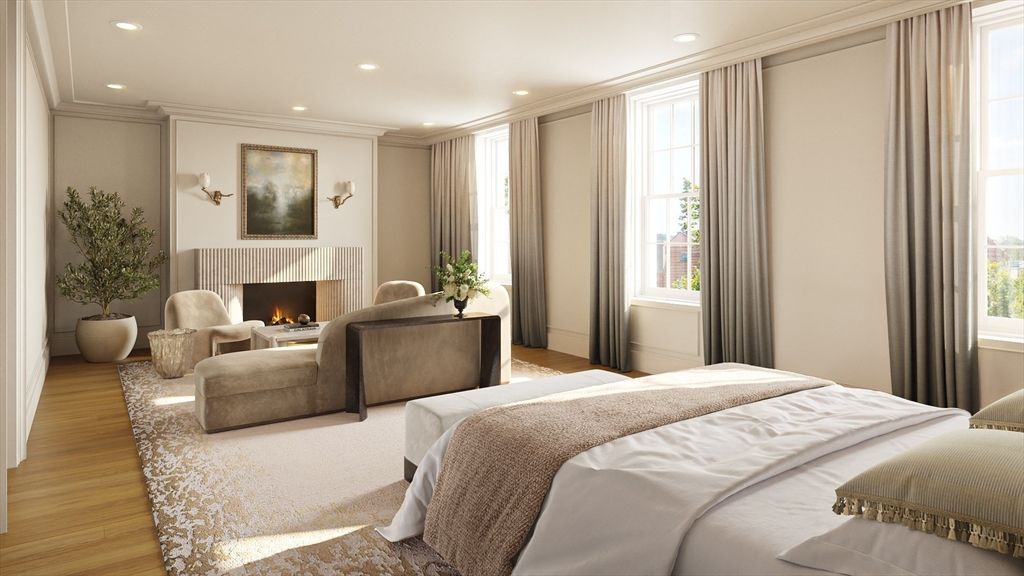 Bedroom, Fireplace, Interior, Recessed Lighting, Wood Texture Flooring