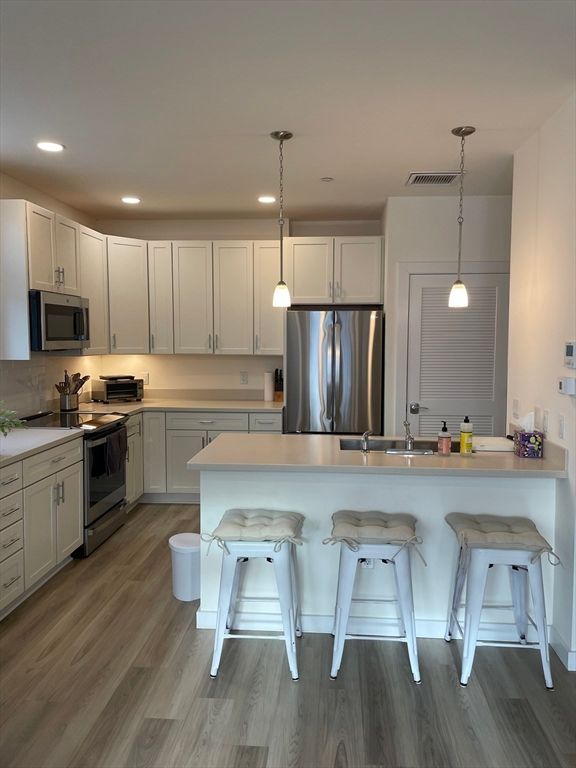 Interior, Kitchen, Pendant Lights, Recessed Lighting, Stainless Steel Appliances, Wood Texture Flooring