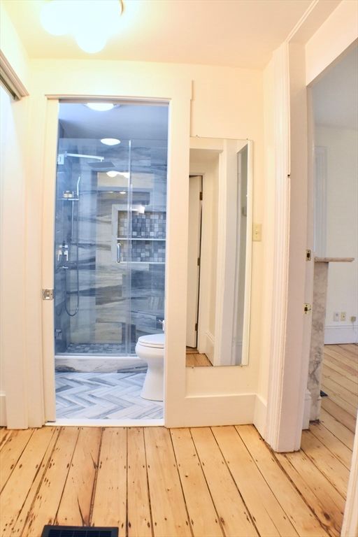 Bathroom, Glass Shower, Interior, Wood Texture Flooring