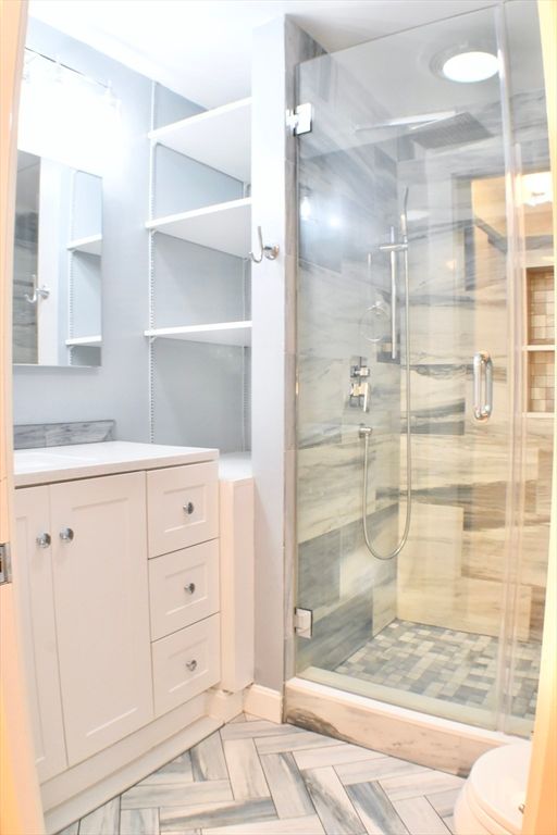 Bathroom, Glass Shower, Interior, Recessed Lighting, Wood Texture Flooring