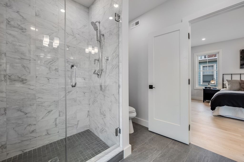 Bathroom, Bedroom, Glass Shower, Interior, Marble Walls, Recessed Lighting, Wood Texture Flooring