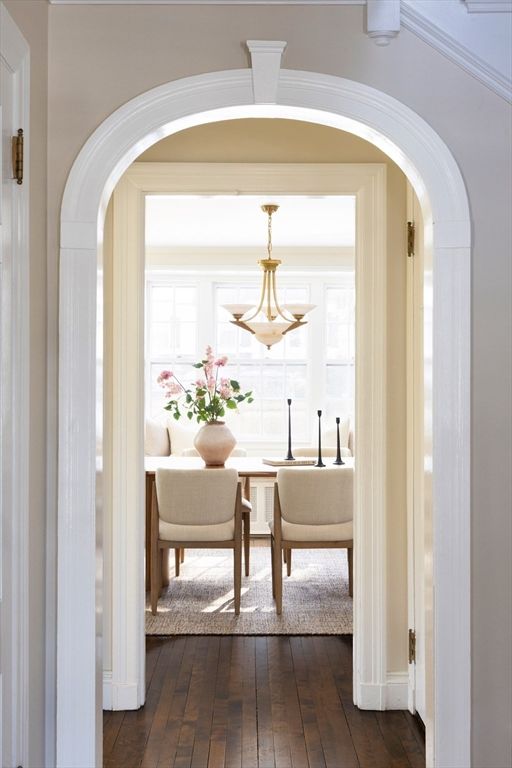 Dining room, Interior, Pendant Lights, Wood Texture Flooring