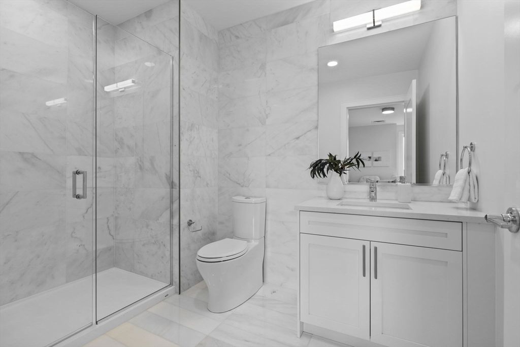 Bathroom, Glass Shower, Interior, Marble, Marble Walls, Recessed Lighting