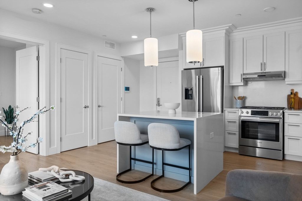 Interior, Kitchen, Pendant Lights, Recessed Lighting, Stainless Steel Appliances, Wood Texture Flooring