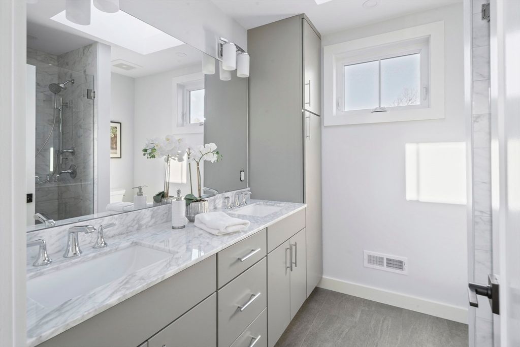 Bathroom, Dual Sink Vanities, Glass Shower, Interior, Marble Walls