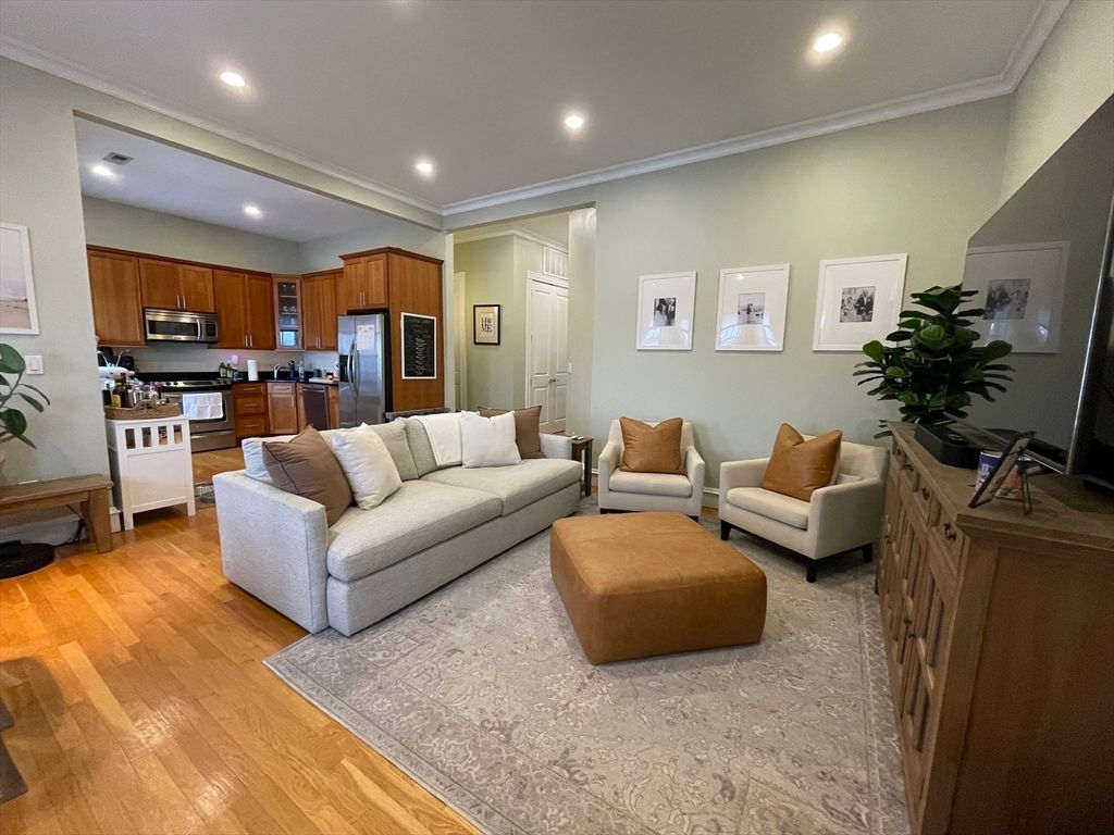 Interior, Kitchen, Living room, Recessed Lighting, Stainless Steel Appliances, Wood Texture Flooring