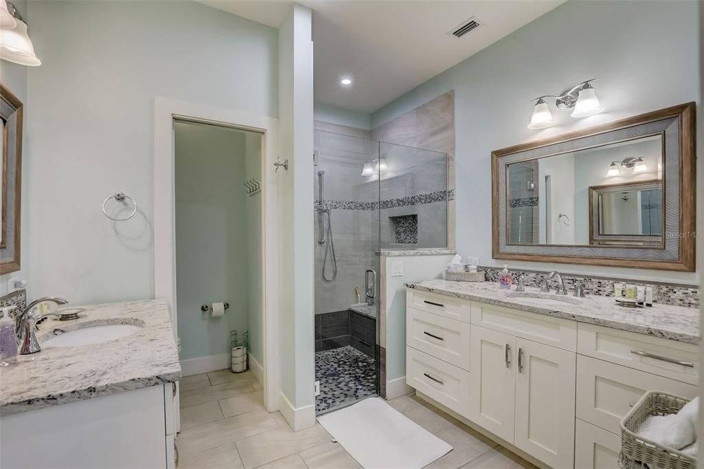 Bathroom, Dual Sink Vanities, Glass Shower, Interior, Recessed Lighting