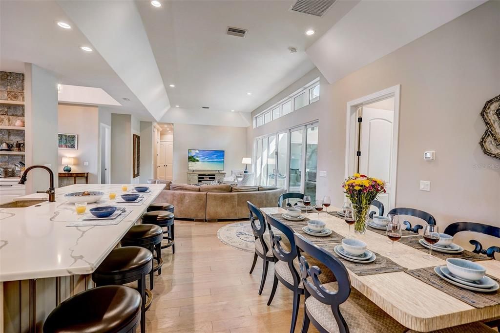 Dining room, Interior, Kitchen, Living room, Recessed Lighting, Wood Texture Flooring