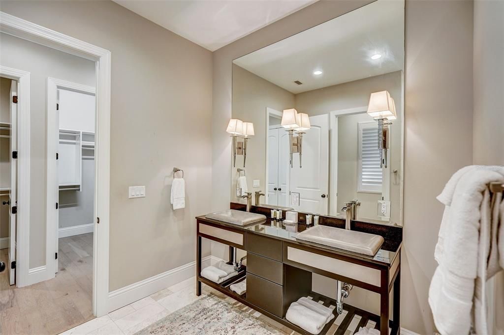 Bathroom, Dual Sink Vanities, Interior, Recessed Lighting, Wood Texture Flooring
