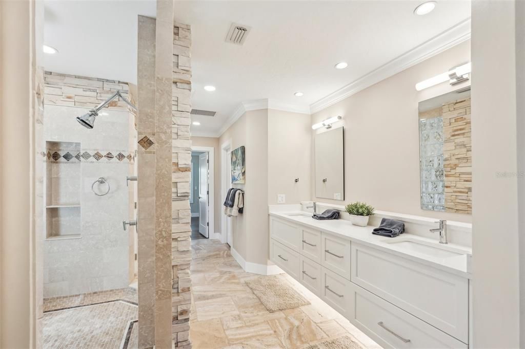 Bathroom, Dual Sink Vanities, Glass Shower, Interior, Recessed Lighting