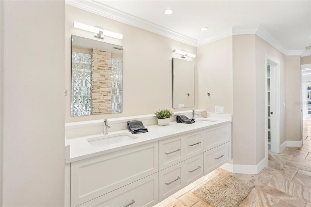 Bathroom, Dual Sink Vanities, Interior, Marble, Recessed Lighting