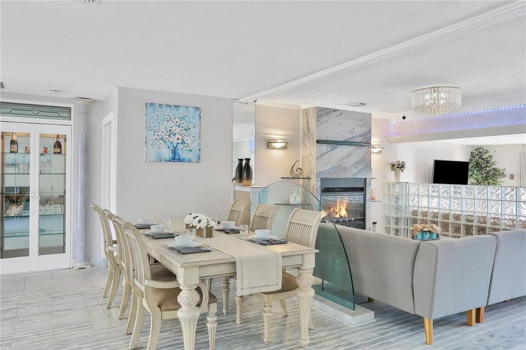 Interior, Wood Texture Flooring, Dining room, Fireplace, Chandelier
