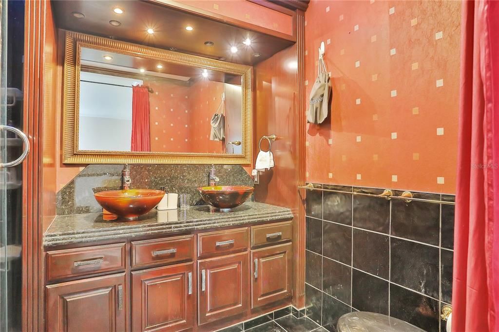 Interior, Bathroom, Recessed Lighting, Wooden Ceilings, Ceramic Tile, Wooden Walls, Dual Sink Vanities
