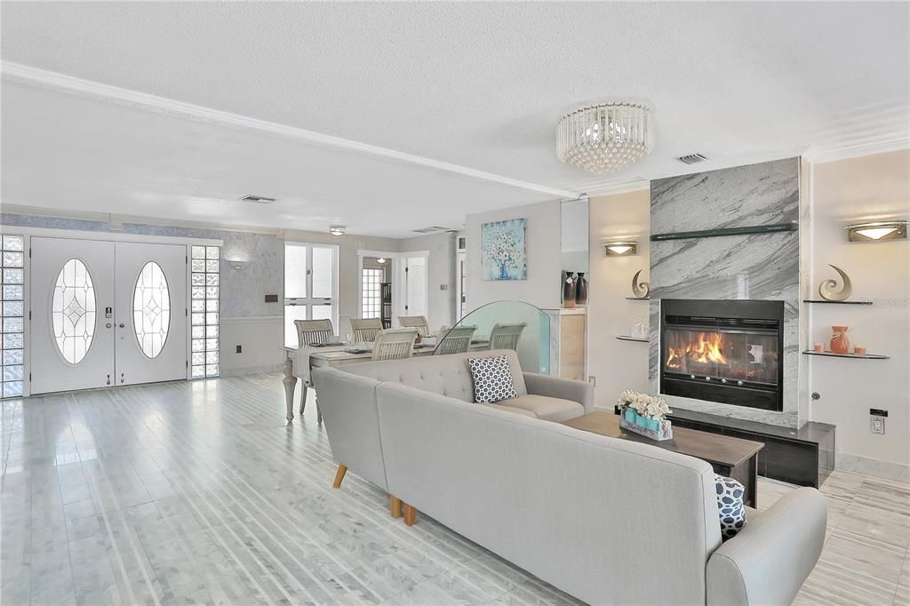 Interior, Wood Texture Flooring, Recessed Lighting, Living room, Dining room, Fireplace, Chandelier