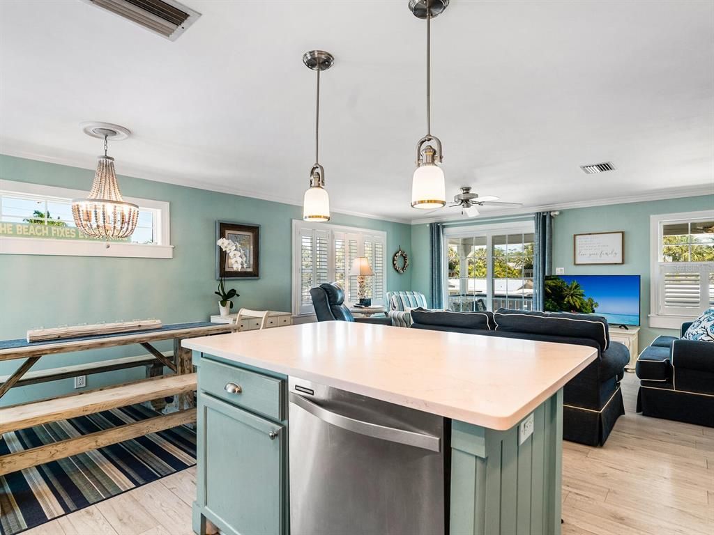 Dining room, Interior, Kitchen, Pendant Lights, Wood Texture Flooring