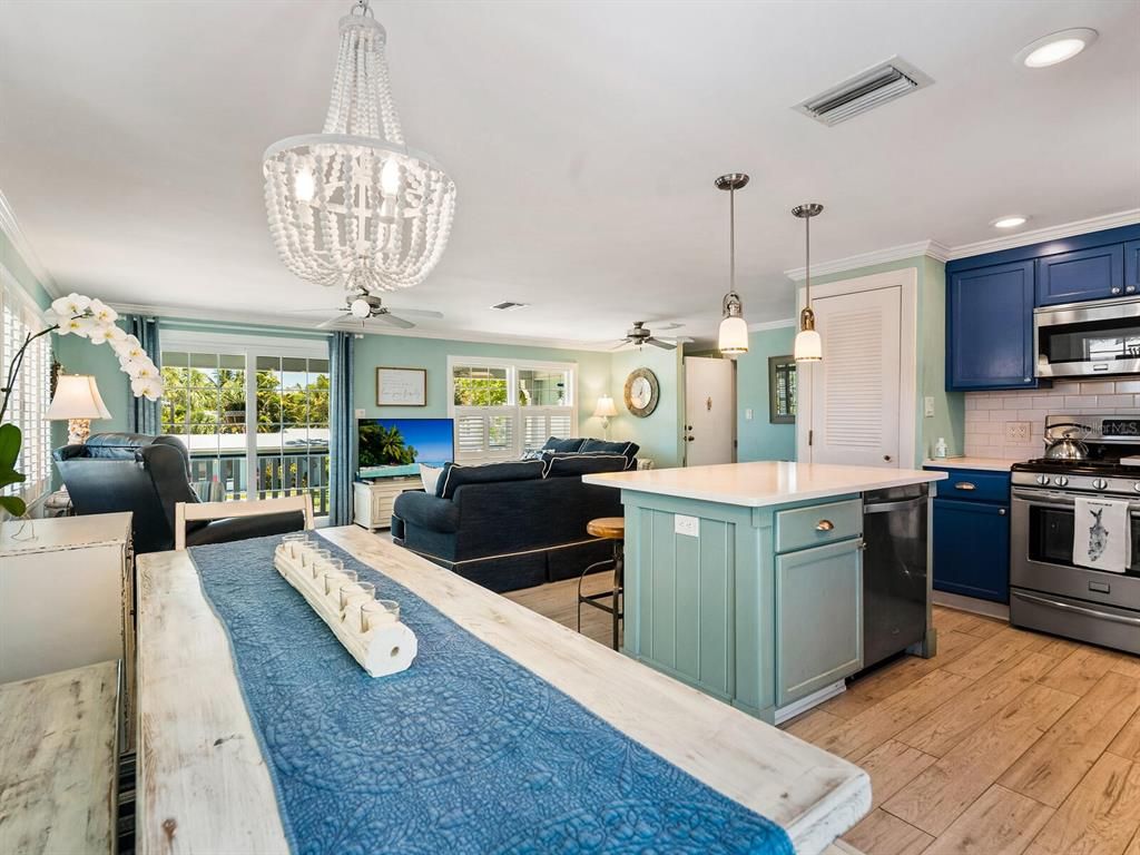 Interior, Kitchen, Living room, Pendant Lights, Recessed Lighting, Stainless Steel Appliances, Wood Texture Flooring