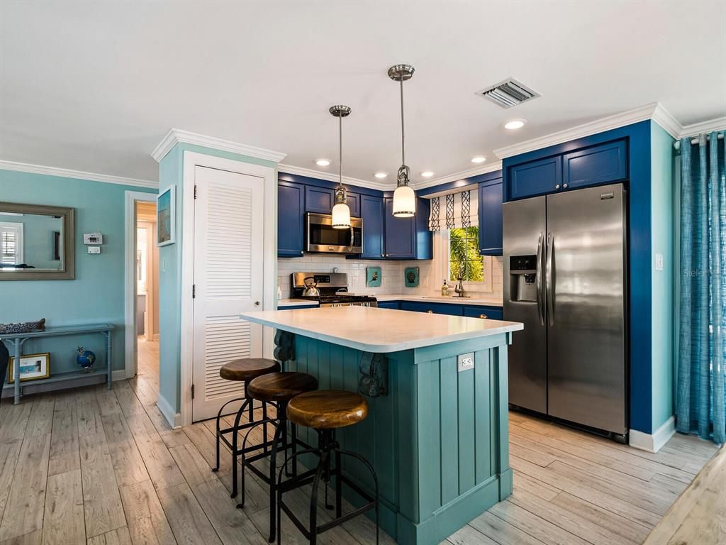 Interior, Kitchen, Pendant Lights, Recessed Lighting, Stainless Steel Appliances, Wood Texture Flooring