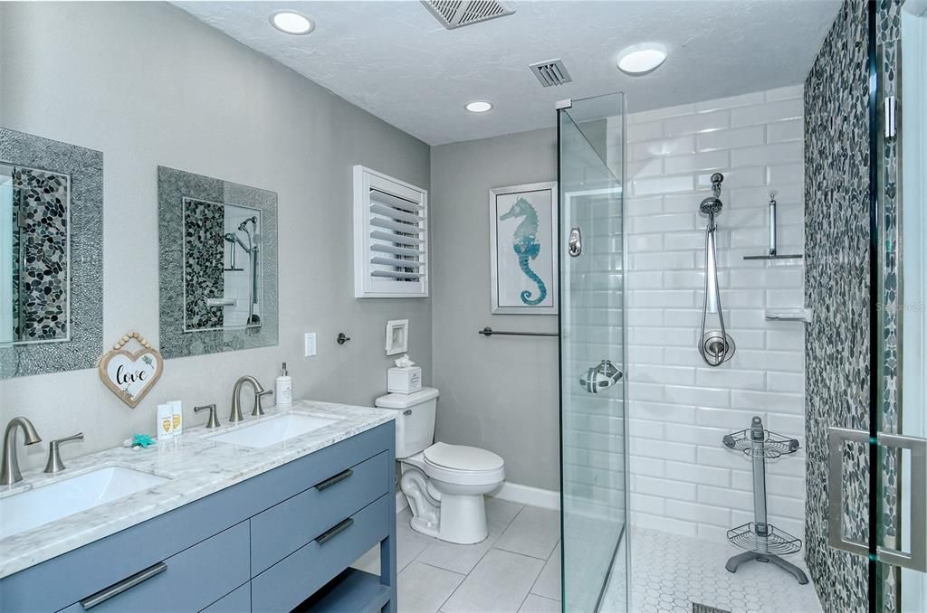 Bathroom, Dual Sink Vanities, Glass Shower, Interior, Recessed Lighting