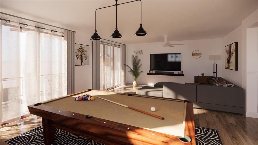 Billiard Table, Game Room, Interior, Pendant Lights, Wood Texture Flooring