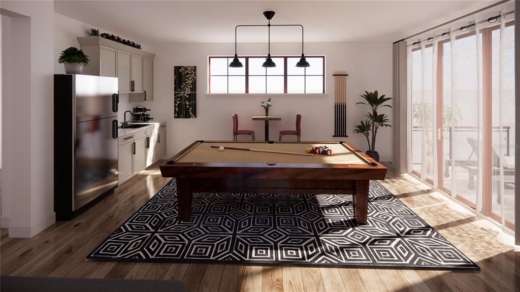 Billiard Table, Game Room, Interior, Kitchen, Pendant Lights, Wood Texture Flooring
