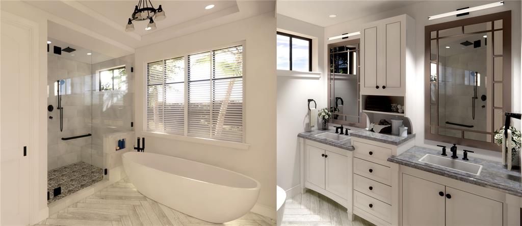 Bathroom, Dual Sink Vanities, Free Standing Baths, Glass Shower, Interior, Recessed Lighting, Wood Texture Flooring