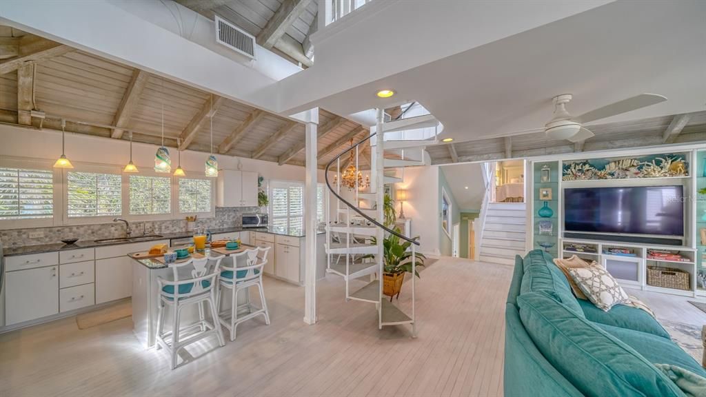 Interior, Kitchen, Pendant Lights, Recessed Lighting, Wooden Ceilings, Wood Texture Flooring