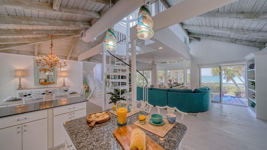 Chandelier, Interior, Living room, Water, Wooden Beams, Wooden Ceilings, Wood Texture Flooring