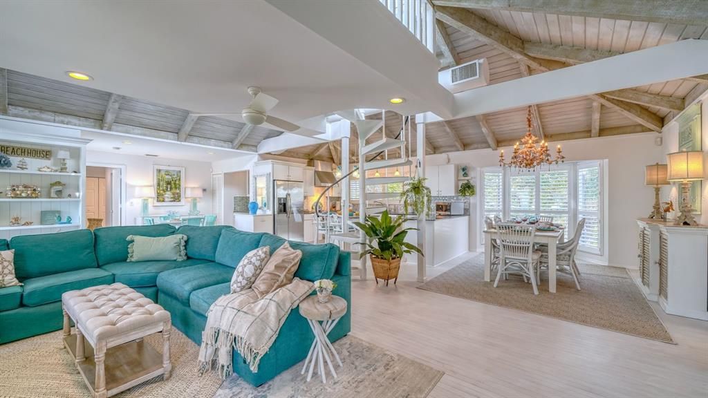 Chandelier, Dining room, Interior, Living room, Recessed Lighting, Wooden Beams, Wooden Ceilings