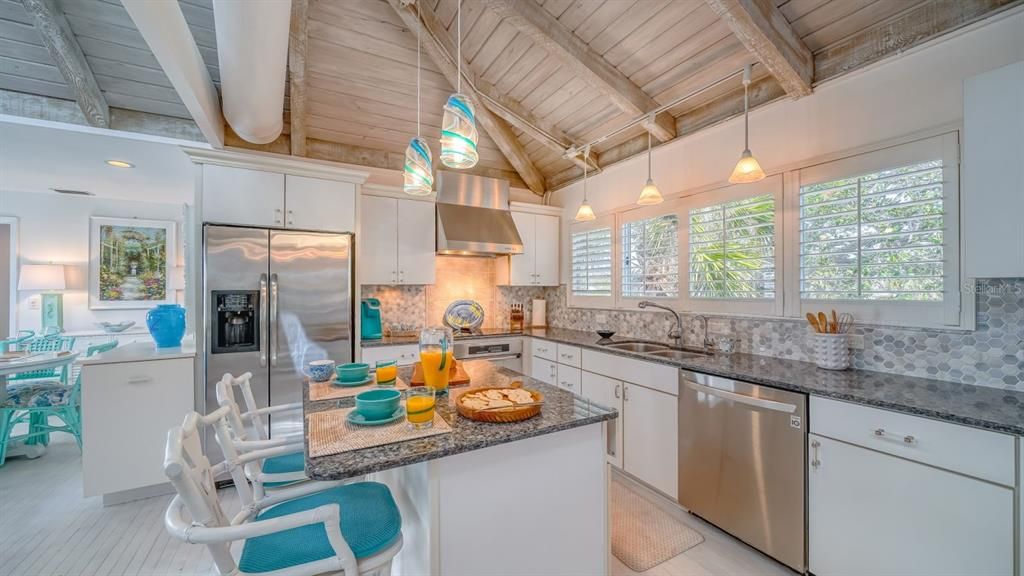 Interior, Kitchen, Pendant Lights, Recessed Lighting, Stainless Steel Appliances, Wooden Ceilings