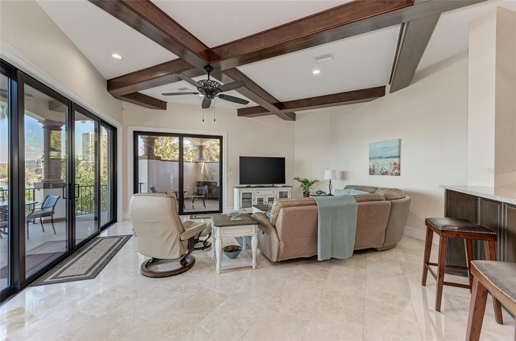 Interior, Living room, Recessed Lighting, Wooden Beams