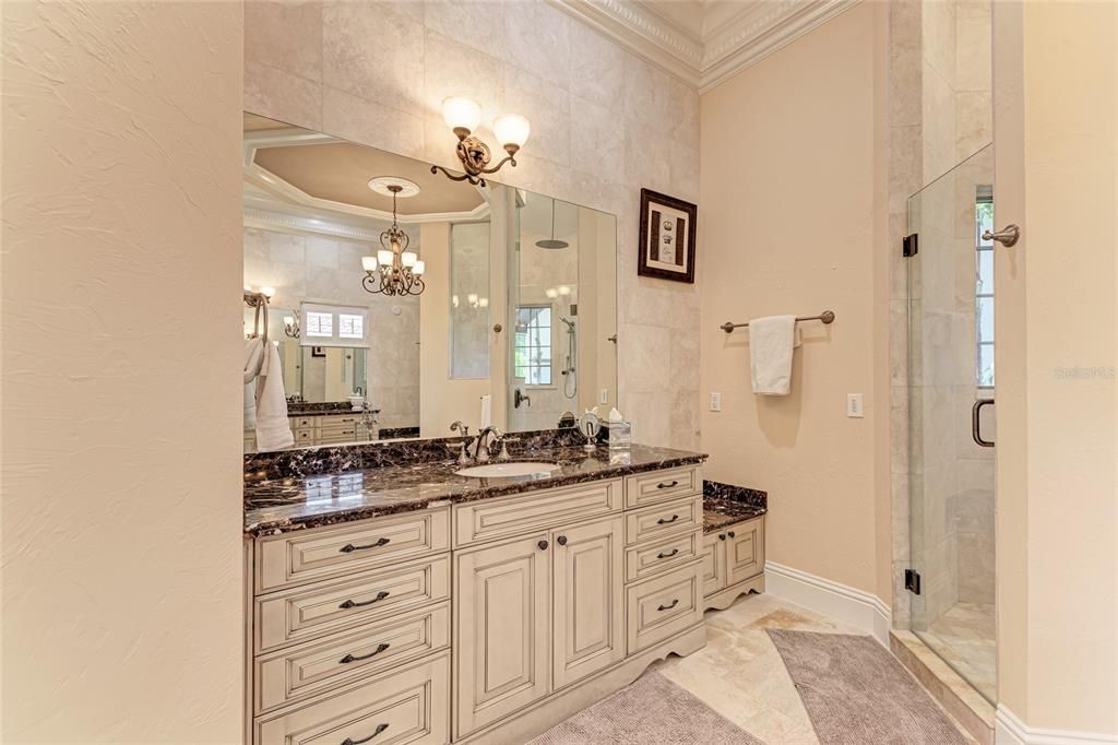 Bathroom, Chandelier, Dual Sink Vanities, Glass Shower, Interior