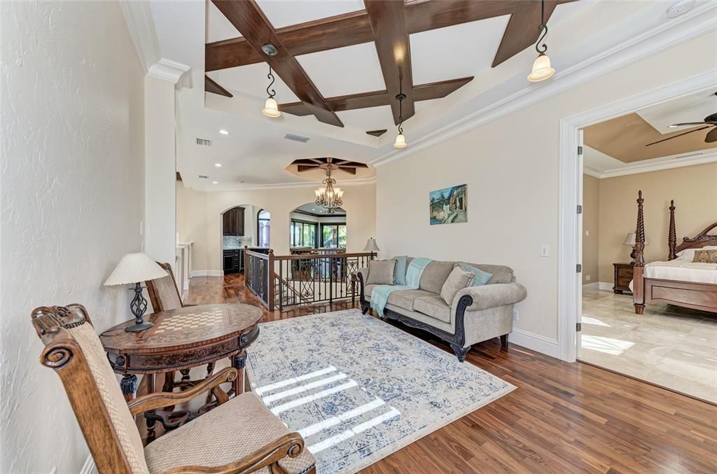 Bedroom, Dining room, Interior, Kitchen, Pendant Lights, Recessed Lighting, Wooden Beams, Wood Texture Flooring