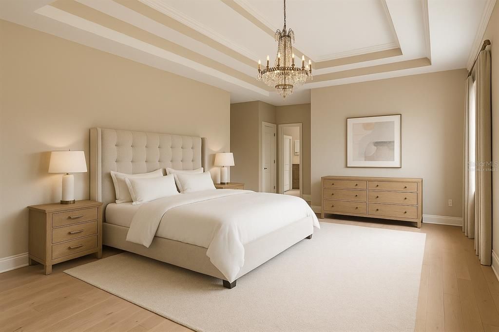 Bedroom, Chandelier, Interior, Wood Texture Flooring