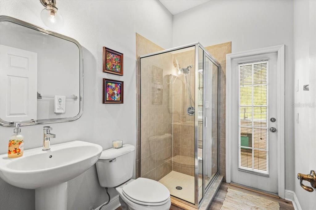 Bathroom, Glass Shower, Interior, Wood Texture Flooring