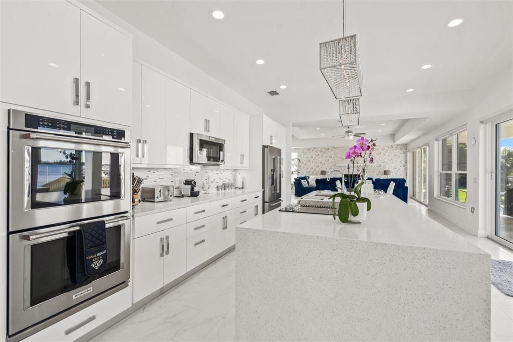 Interior, Kitchen, Marble, Pendant Lights, Recessed Lighting, Stainless Steel Appliances