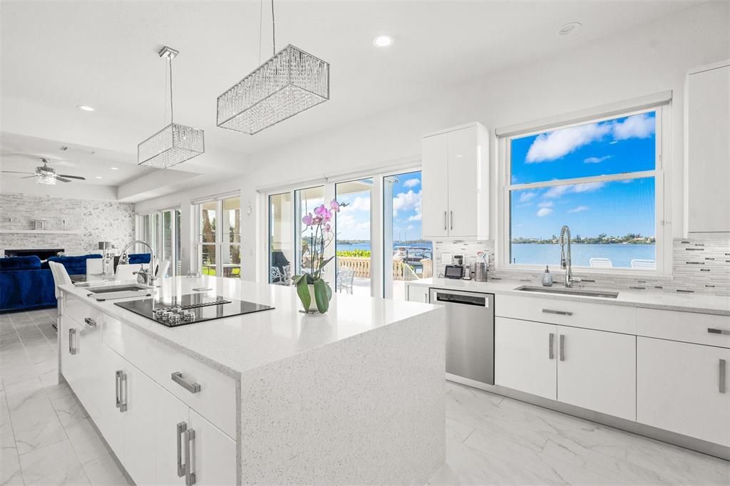 Interior, Kitchen, Marble, Pendant Lights, Recessed Lighting, Stainless Steel Appliances, Water